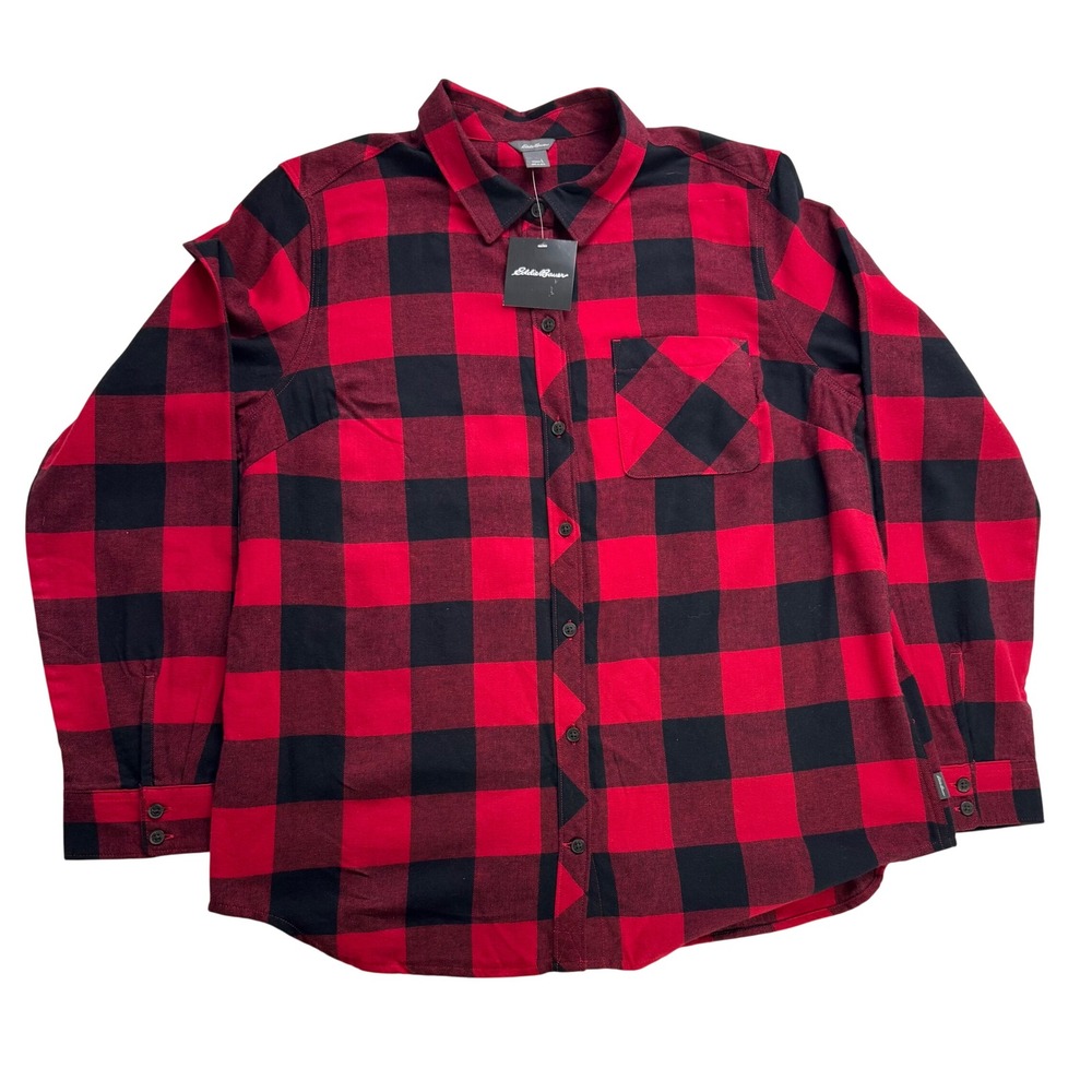 Eddie Bauer Women Forest Flannel Shirt Scarlet Black Buffalo Plaid L NEW